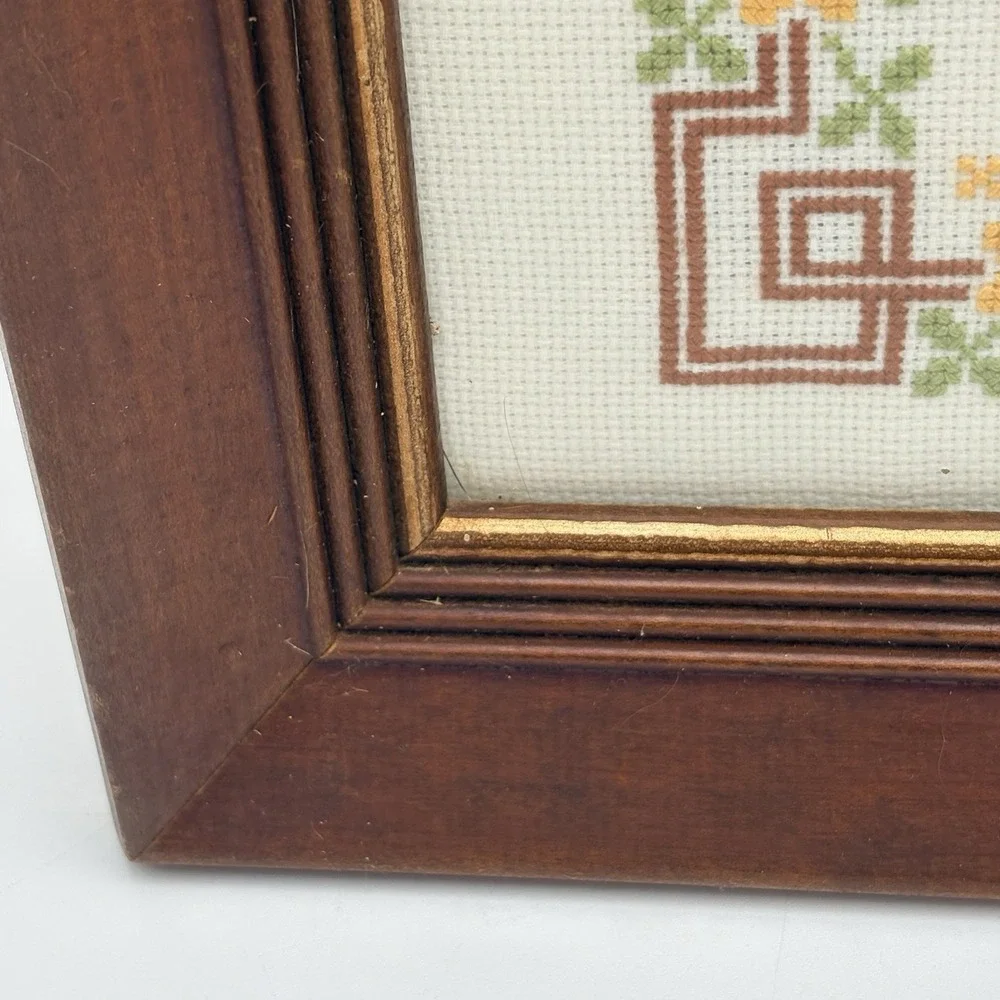 Vintage Framed Cross Stitch Give Thanks Sampler Folk Art Needlepoint Decor 13x15